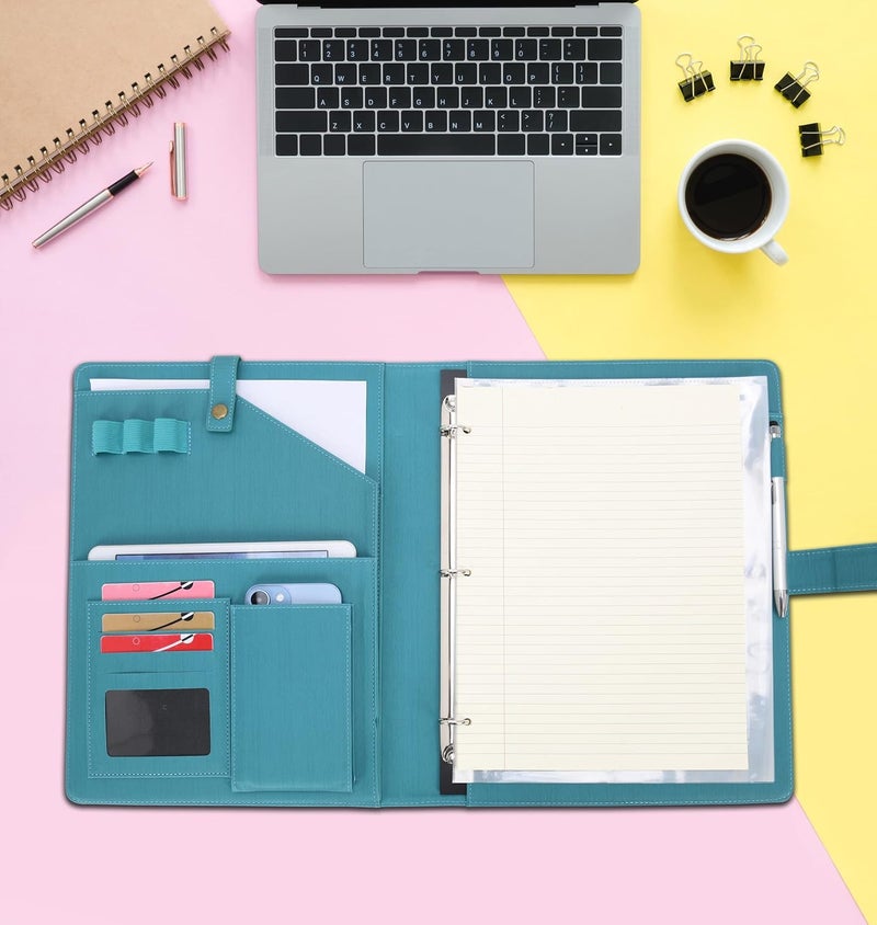 WONDERPOOL A4 PU Leather Portfolio Holder Ring File Document Case with Removable Binder Clipboard, Multi Pocket and Legal Pad for Business Organizer Interview and Meeting (Cyan) - Image 4